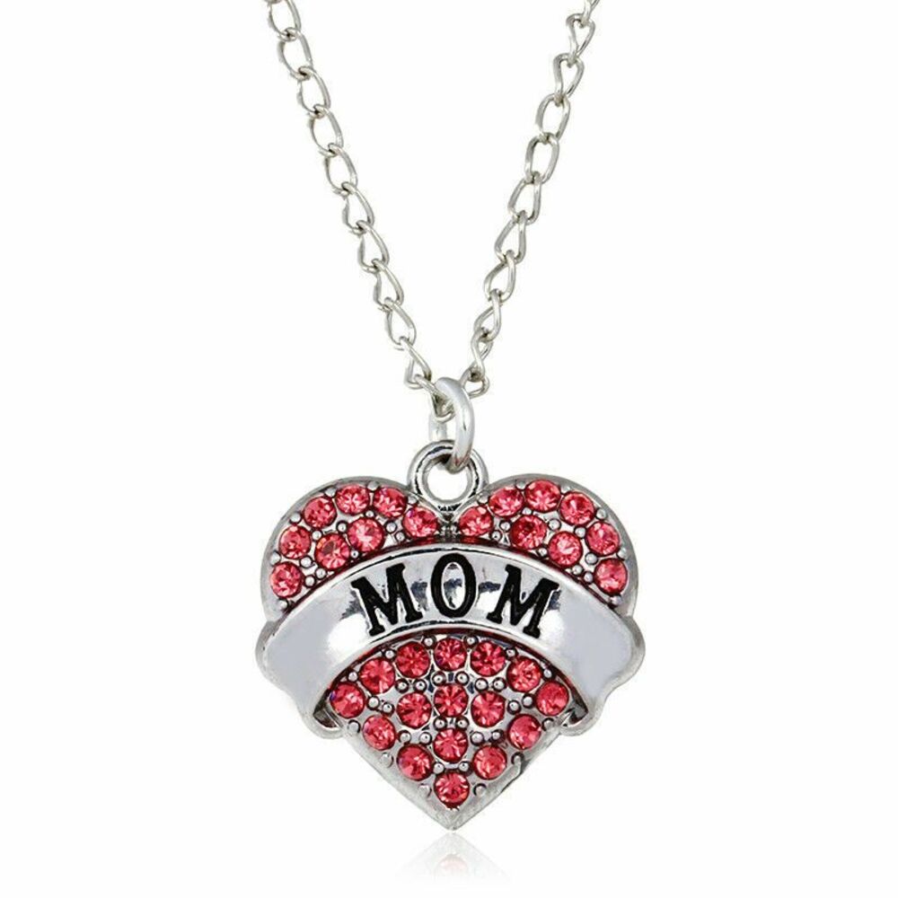MOM Necklace NEW Pink Pave Rhinestone Heart Long Silver Chain Mothers Day